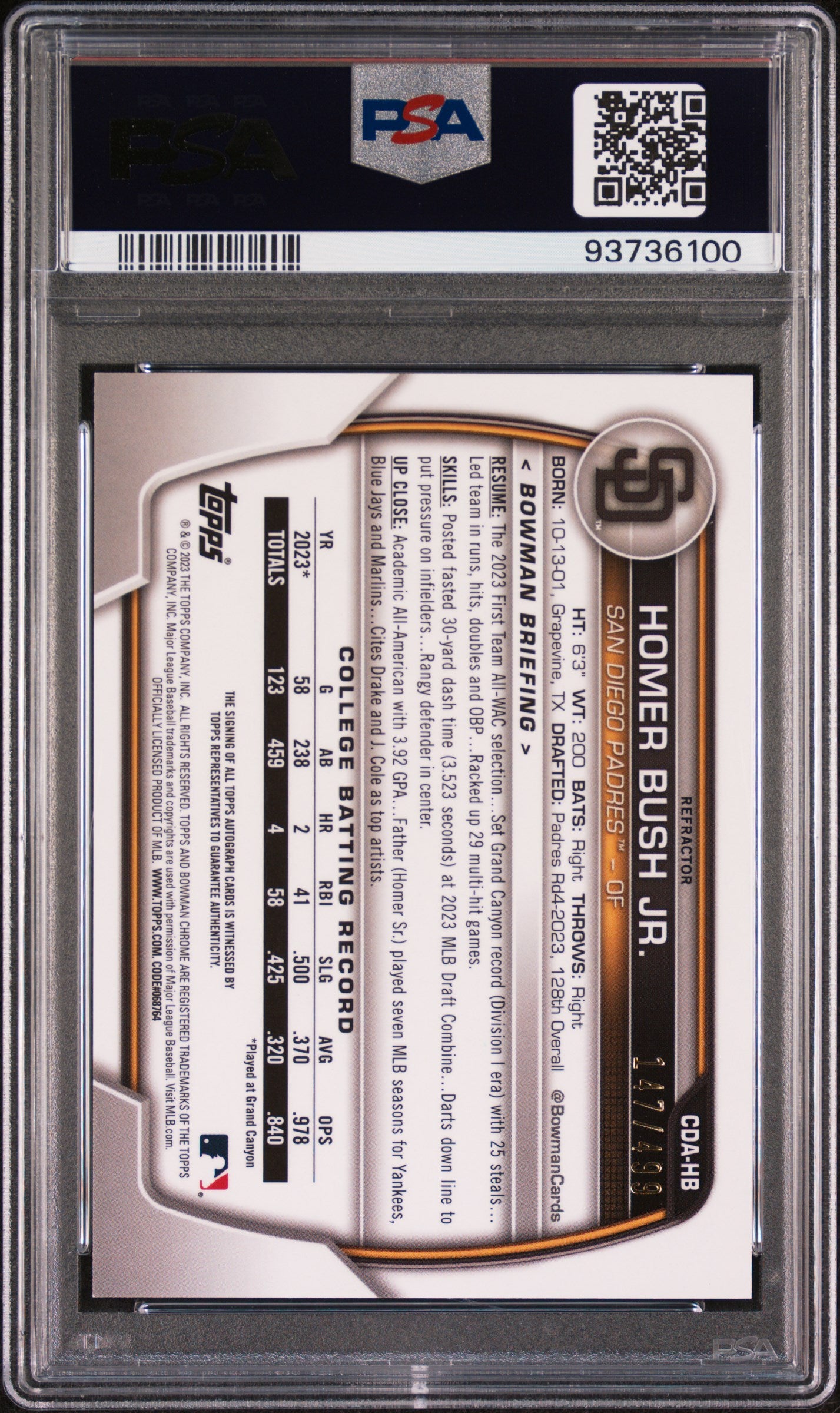 2023 Bowman Draft - Chrome Prospect - 1st Bowman - Refractor - Homer Bush Jr - auto - 147/499 - #CDA-HB - baseball - Padres - drop