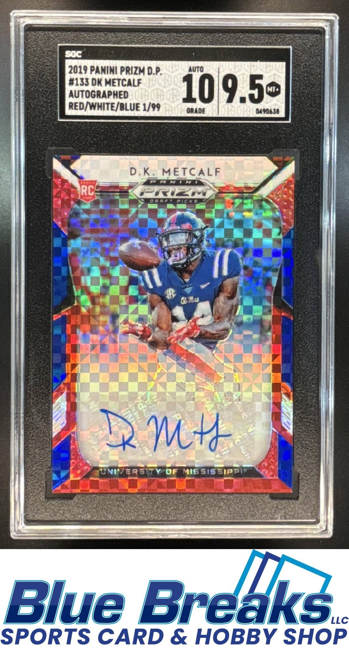 2019 Panini Prizm Draft Picks D.K. Metcalf #133 Prizms Red White and Blue Auto 01/99 RC SGC 9.5