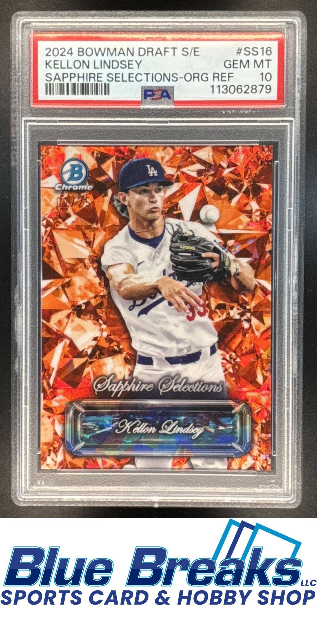 2024 Bowman Draft Sapphire Kellon Lindsey #SS-16 Selections Orange 02/25 PSA 10 Los Angeles Dodgers