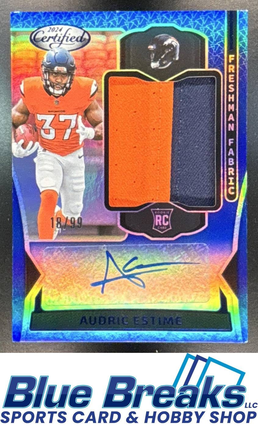 2024 Panini Freshman Fabric Blue Relic Auto Audric Estime 18/99 #FMS-AEE Denver Broncos
