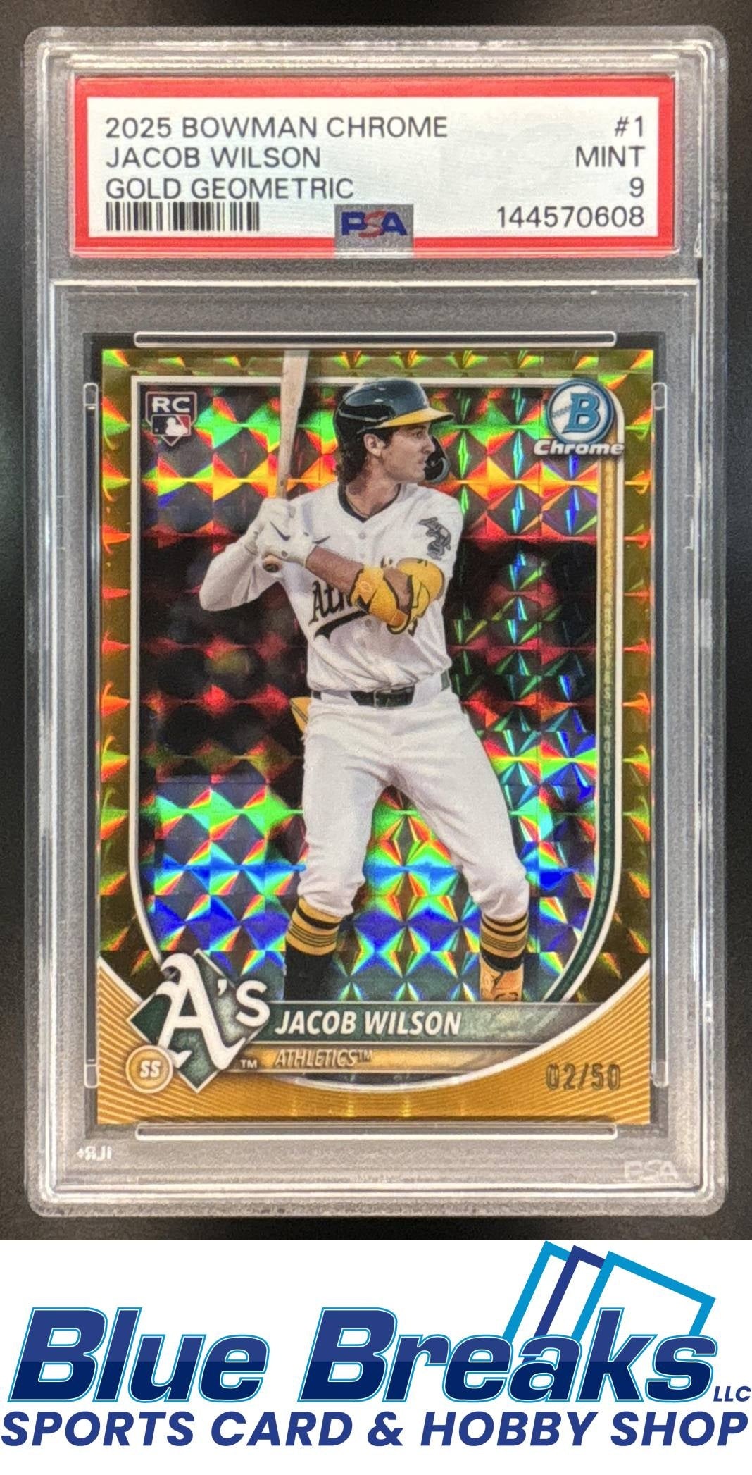2025 Bowman Chrome Jacob Wilson #1 Gold Geometric Refractor 02/50 RC PSA 9 baseball Athletics