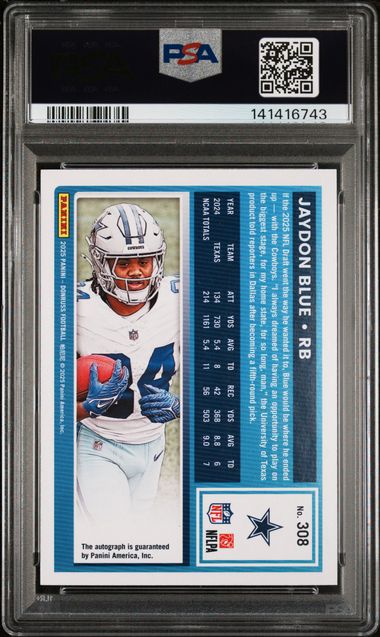 2025 Panini - Donruss - gold - Rated Rookie - Jaydon Blue - auto - 09/25 - #308 - PSA 9 - football - Cowboys