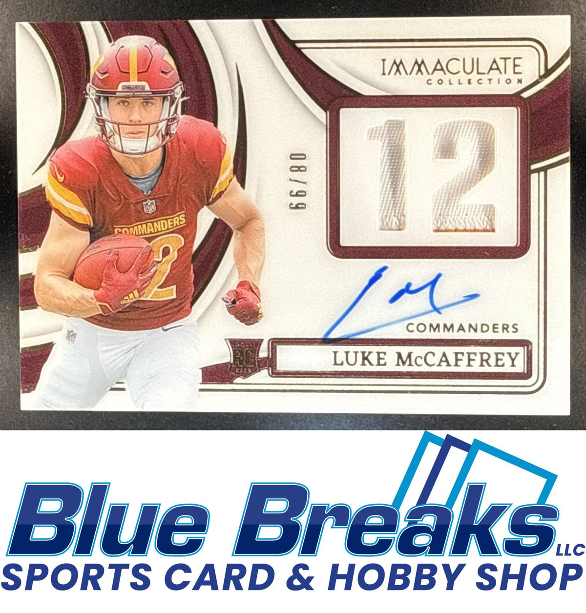 2024 Panini Immaculate Luke McCaffrey #NRPA-LMC Numbers Rookie Patch Auto 08/99 Washington Commanders