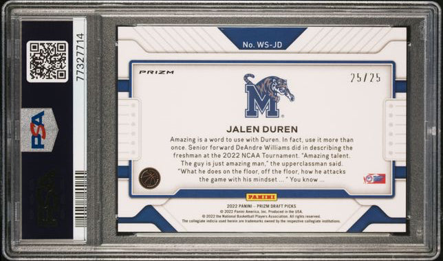 2022 Panini - Prizm - Draft Picks - Widescreen - mojo prizm - Jalen Duren - 25/25 - #WS- JD - PSA 10 - basketball - Tigers - Pistons