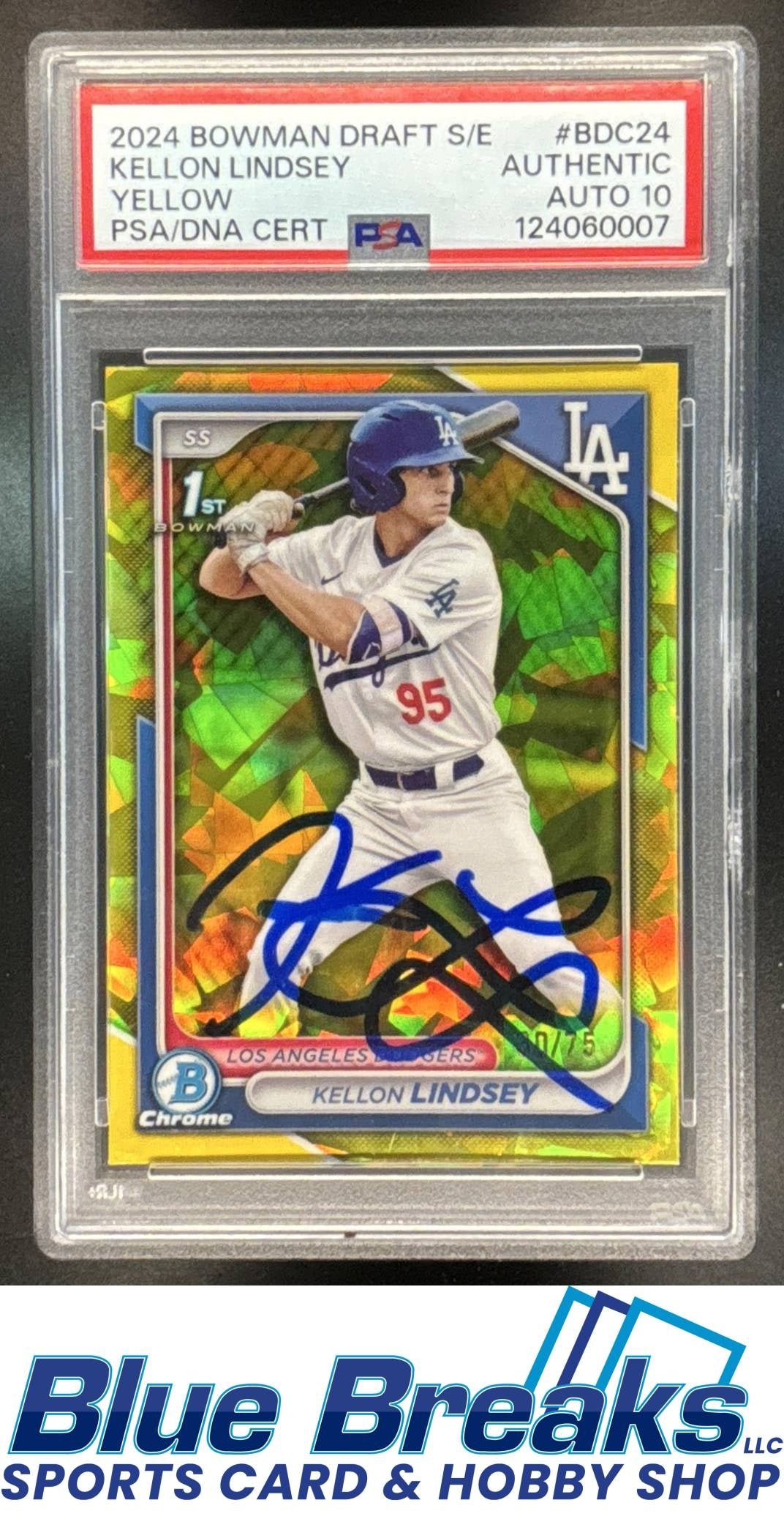 2024 Topps Bowman Draft Yellow Kellon Lindsey 30/75 #BDC-24 PSA/DNA Cert Auto 10 Los Angeles Dodgers