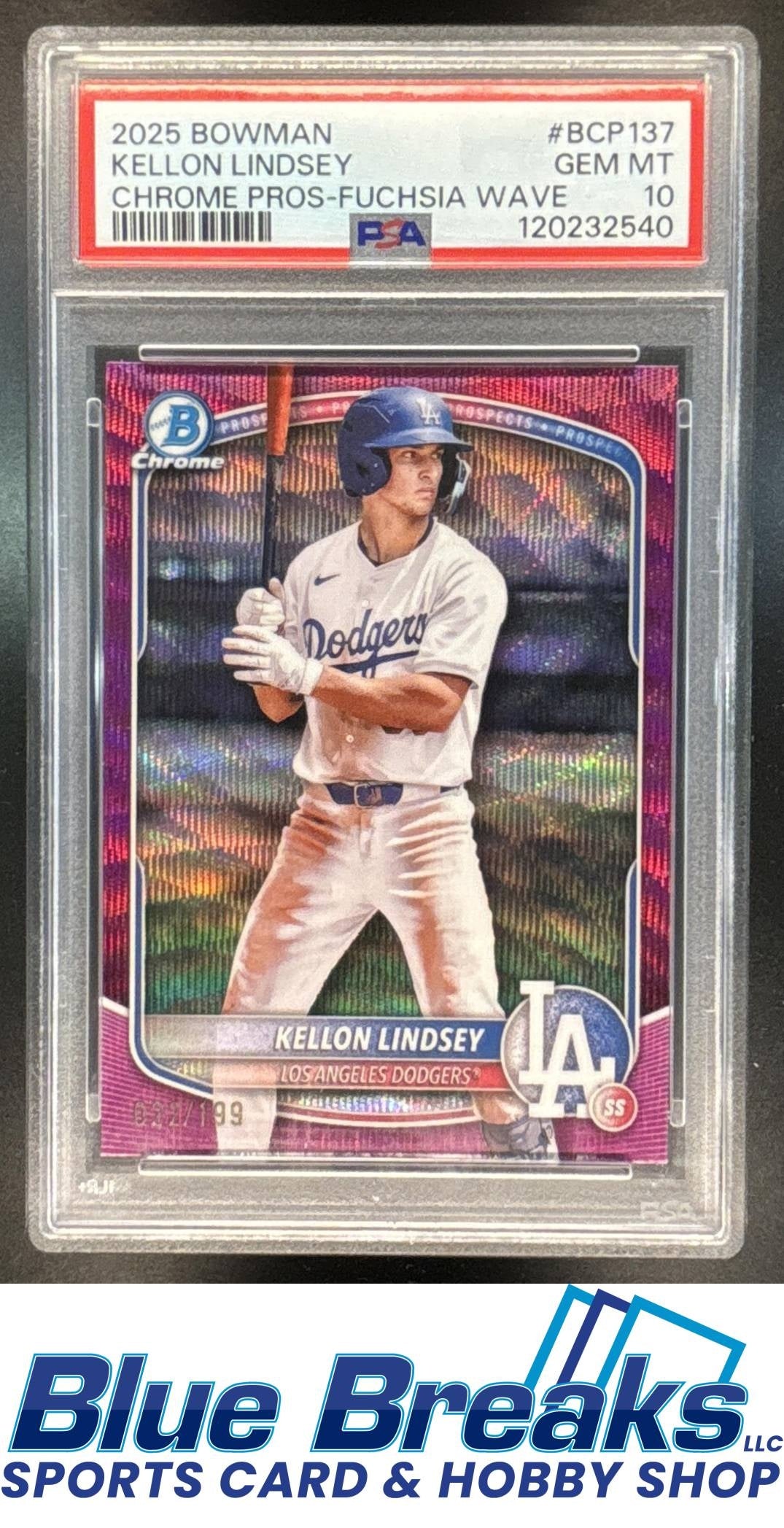 2025 Bowman Kellon Lindsey #BCP-137 Chrome Prospects Fuchsia Wave Refractor 022/199 PSA 10 Los Angeles Dodgers