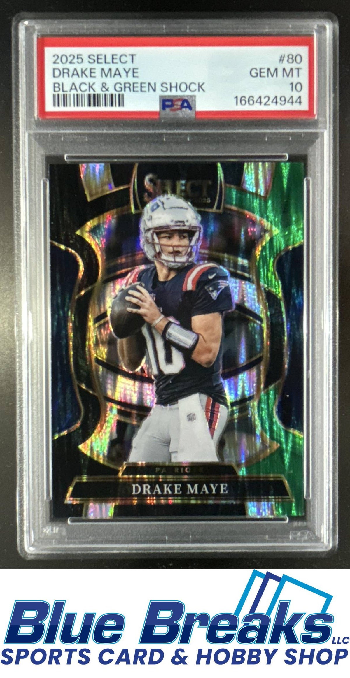 2025 Panini Select Drake Maye #80 Concourse Black and Green Prizm Shock PSA 10 New England Patriots