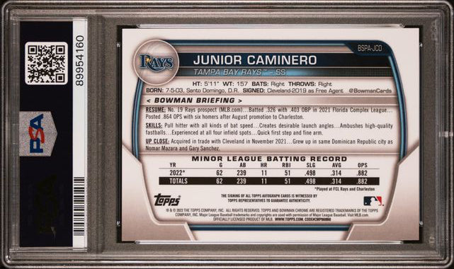 2023 Bowman Chrome Sapphire - Chrome Prospects Auto - Junior Caminero - #BSPA-JCO - PSA 10 - Baseball - Rays