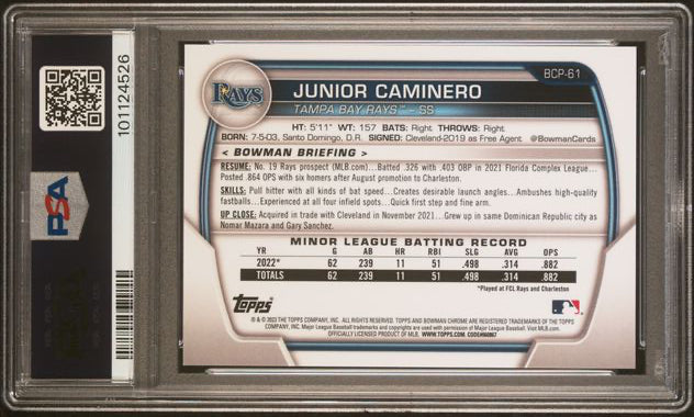 2023 Bowman Mega Box - Chrome-Pink Refractor - Junior Caminero - 173/199 - #BCP-61 - PSA 10 - Baseball - Rays