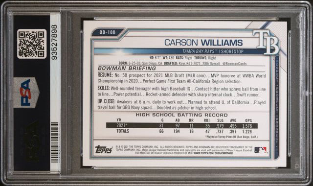 2021 Topps Bowman Draft - 1st Edition-Sky Blue Foil - Carson Williams - #BD-180 - PSA 10 - Baseball - Rays