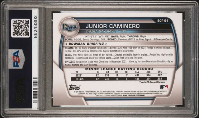 2023 Bowman Chrome Sapphire - Chrome Prospects - Auto - Junior Caminero - #BCP-61 - PSA Auto 10 - Baseball - Rays