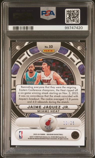 2023 Panini - Obsidian - Orbital-EE - Green Flood - Rookie Card - Jamie Jaquez Jr. - PSA9 - 10/25 - #10 - Basketball - Heat - drop