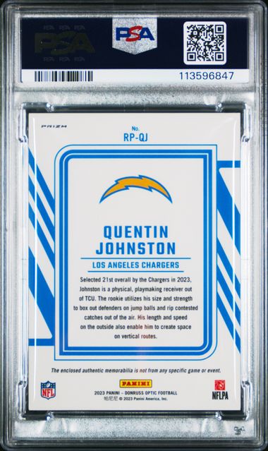 2023 Panini - Donruss Optic - Rookie Phenoms - blue hyper - Quentin Johnston - relic - #RP-QJ - PSA 9 - football - Chargers