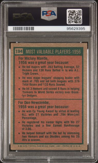 1975 Topps - 1956's MVP's - Mickey Mantle - Don Newcombe - #194 - PSA 2- Yankees - Dodgers