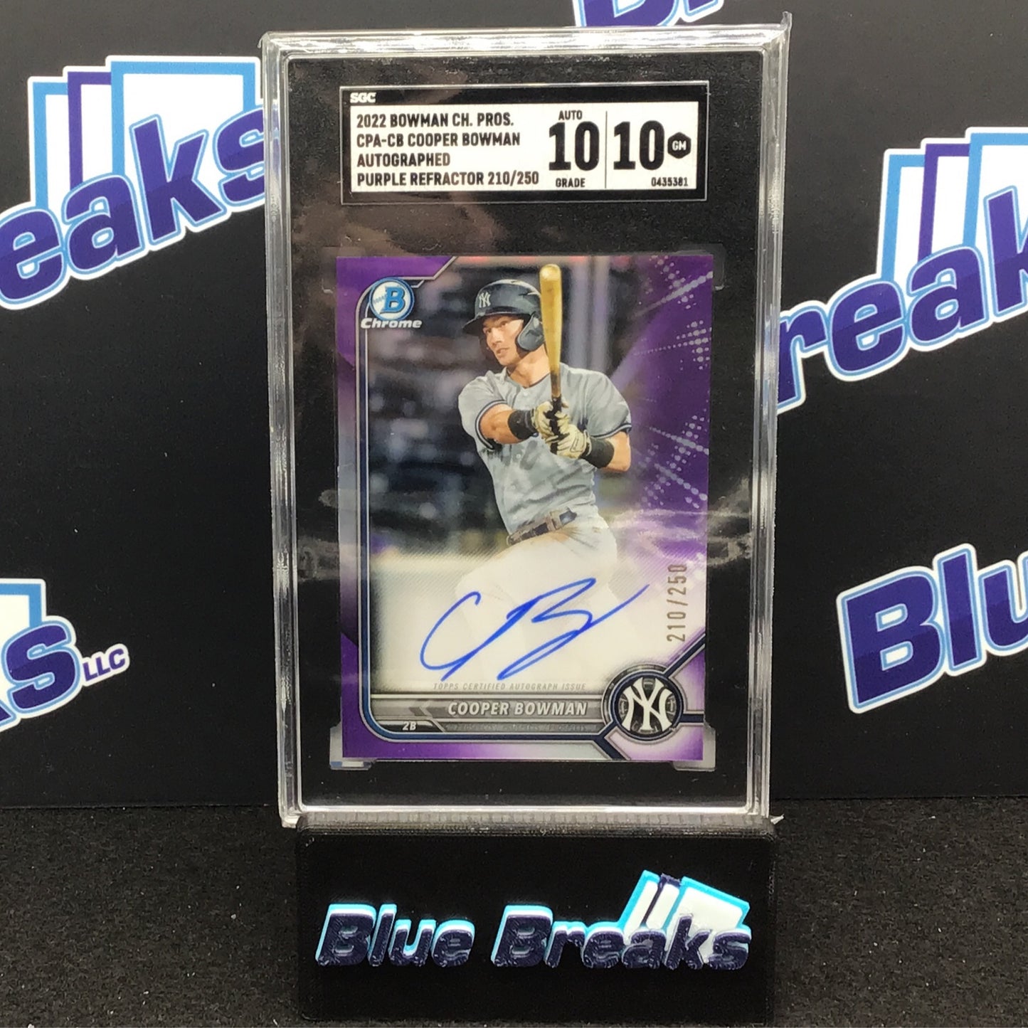 2022 Bowman Chrome Prospect - Purple Refractor - Cooper Bowman - auto - 210/250 - #CPA-CB - SGC 10 10 - baseball - Yankees