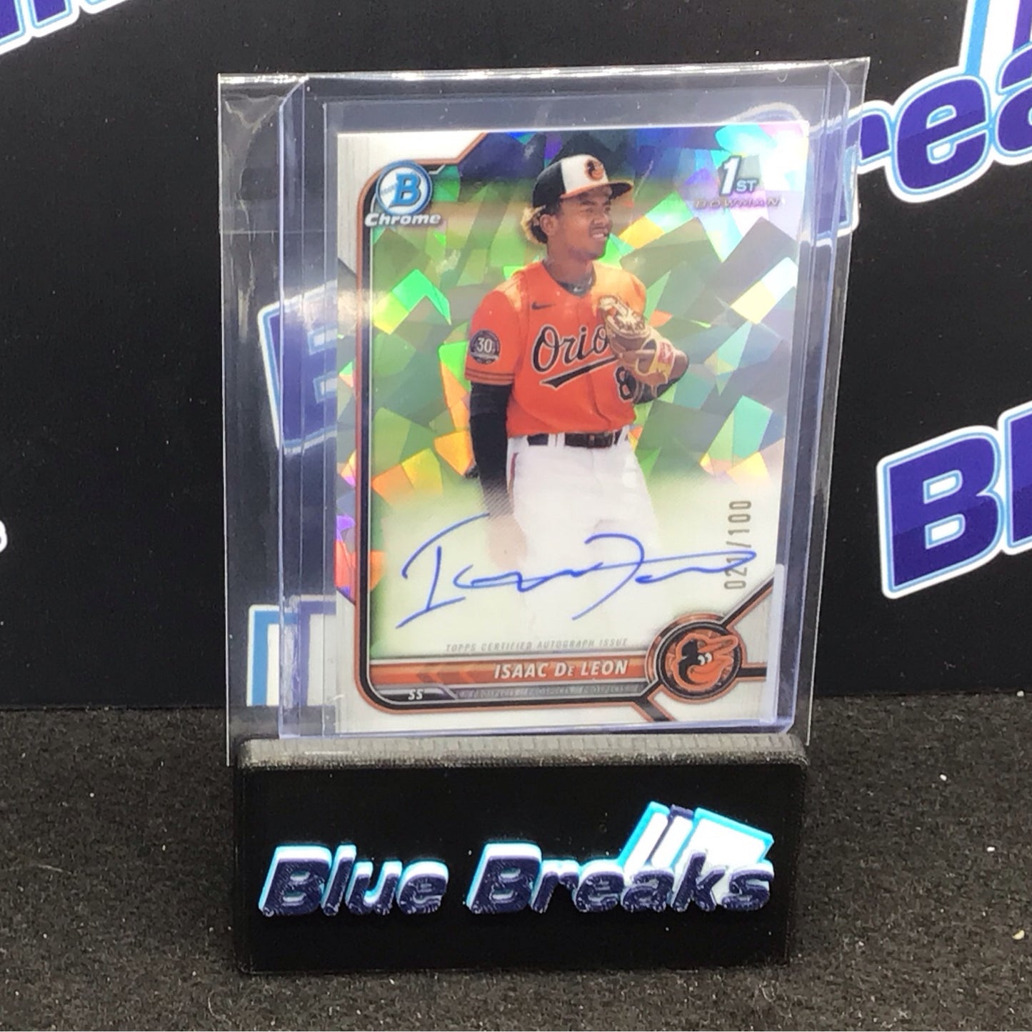 2022 Bowman Chrome 1st Bowman cracked ice Isaac DeLeon auto 021/100 #CPA-ID Orioles