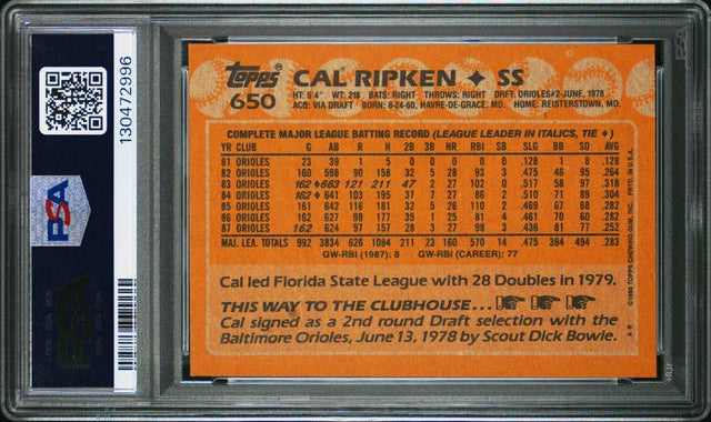 1988 Topps - Cal Ripken Jr - #650 - PSA 8 - baseball - Orioles