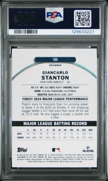 2025 Topps - Finest - sky blue refractor - Giancarlo Stanton -168/250 - #105 - PSA 9 - baseball - Yankees