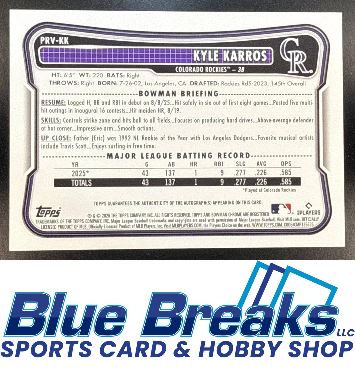 2026 Bowman Kyle Karros #PRV-KK Rookies & Veterans Retail Auto Purple Border 130/250 Colorado Rockies