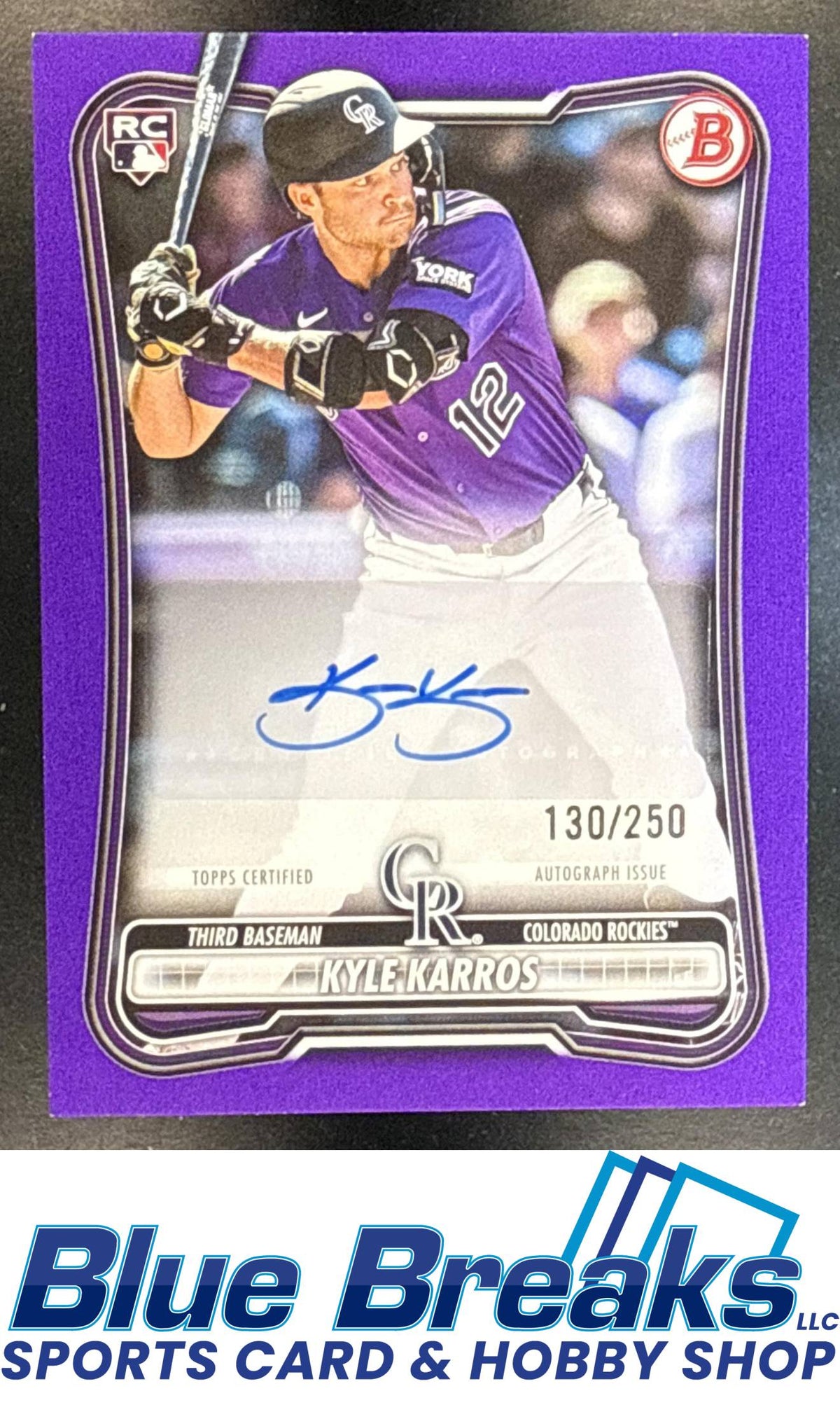 2026 Bowman Kyle Karros #PRV-KK Rookies & Veterans Retail Auto Purple Border 130/250 Colorado Rockies