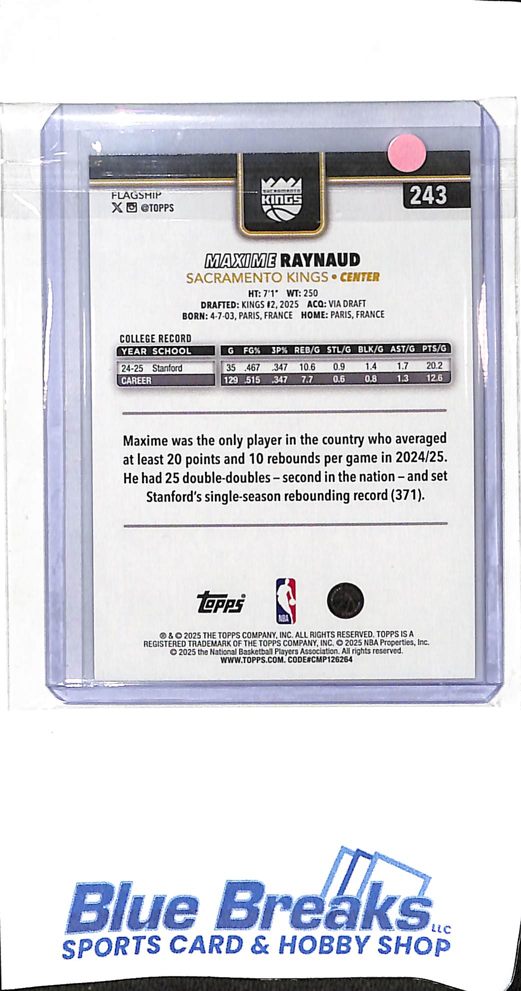 2025 Topps - flagship - blackout - Maxime Raynaud - RC - #243 - basketball - Kings