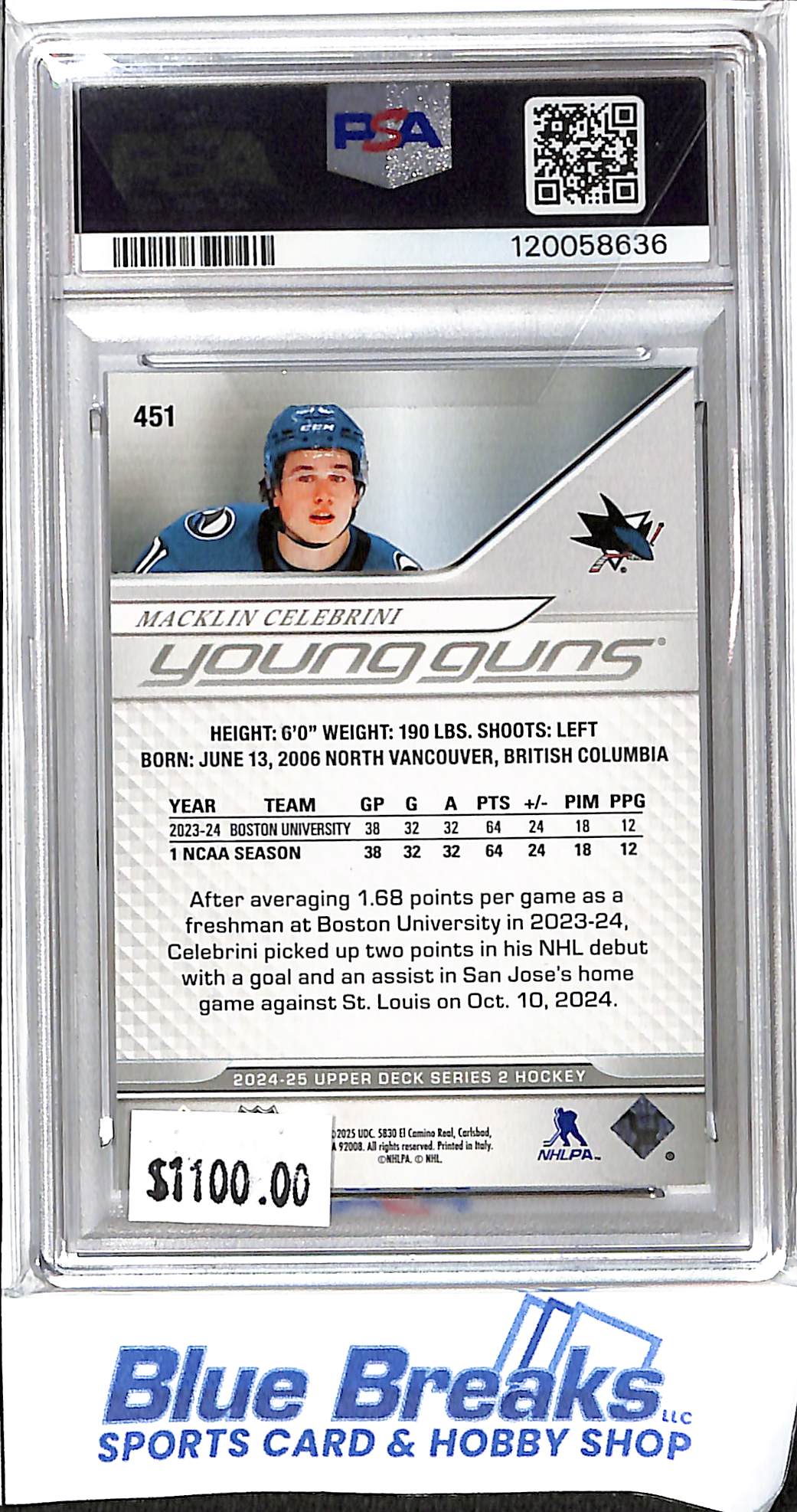 2024 Upper Deck - Young Guns - Macklin Celebrini - #451 - PSA 10