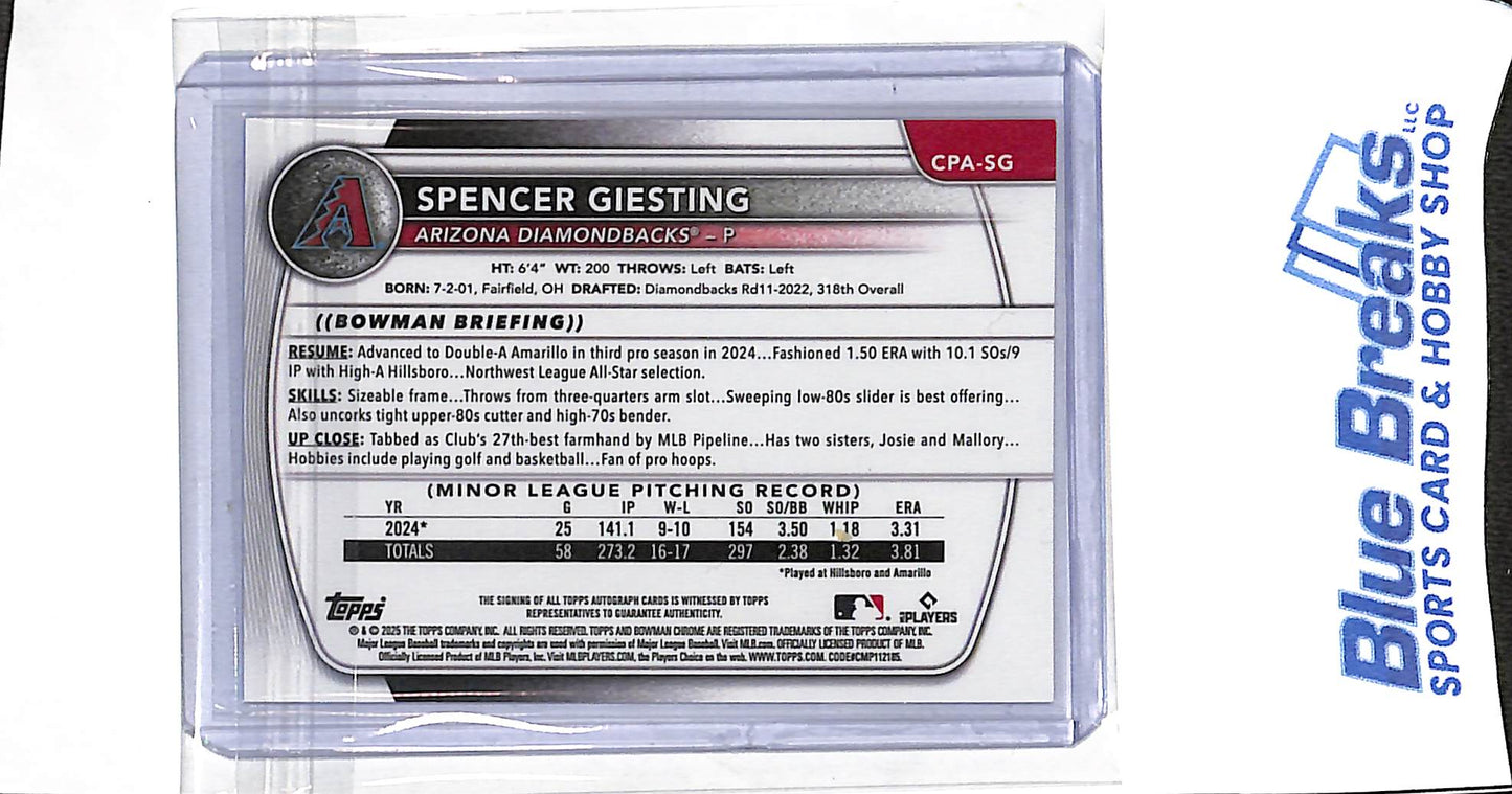 2025 Bowman Chrome - blue raywave - Spencer Giesting - auto - 101/150 - #CPA-SG - baseball - Diamondbacks