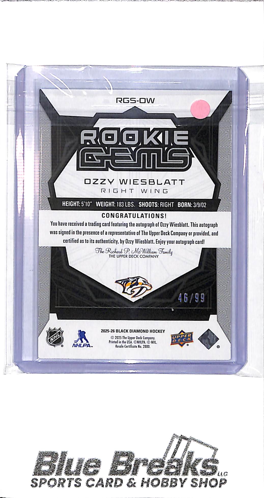 2025-26 Upper Deck - Black Diamond - Rookie Gems - Ozzy Wiesblatt - auto - 46/99 - #RGS-OW - hockey - Predators
