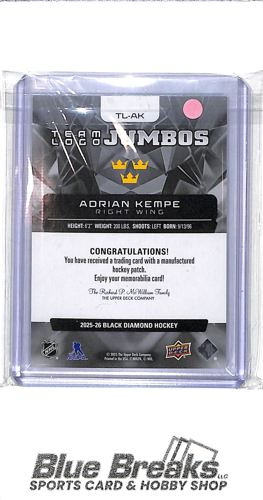 2025-26 Upper Deck - Black Diamond - Team Logo Jumbos - Adrian Kempe - #TL-AK - hockey - Team Sweden