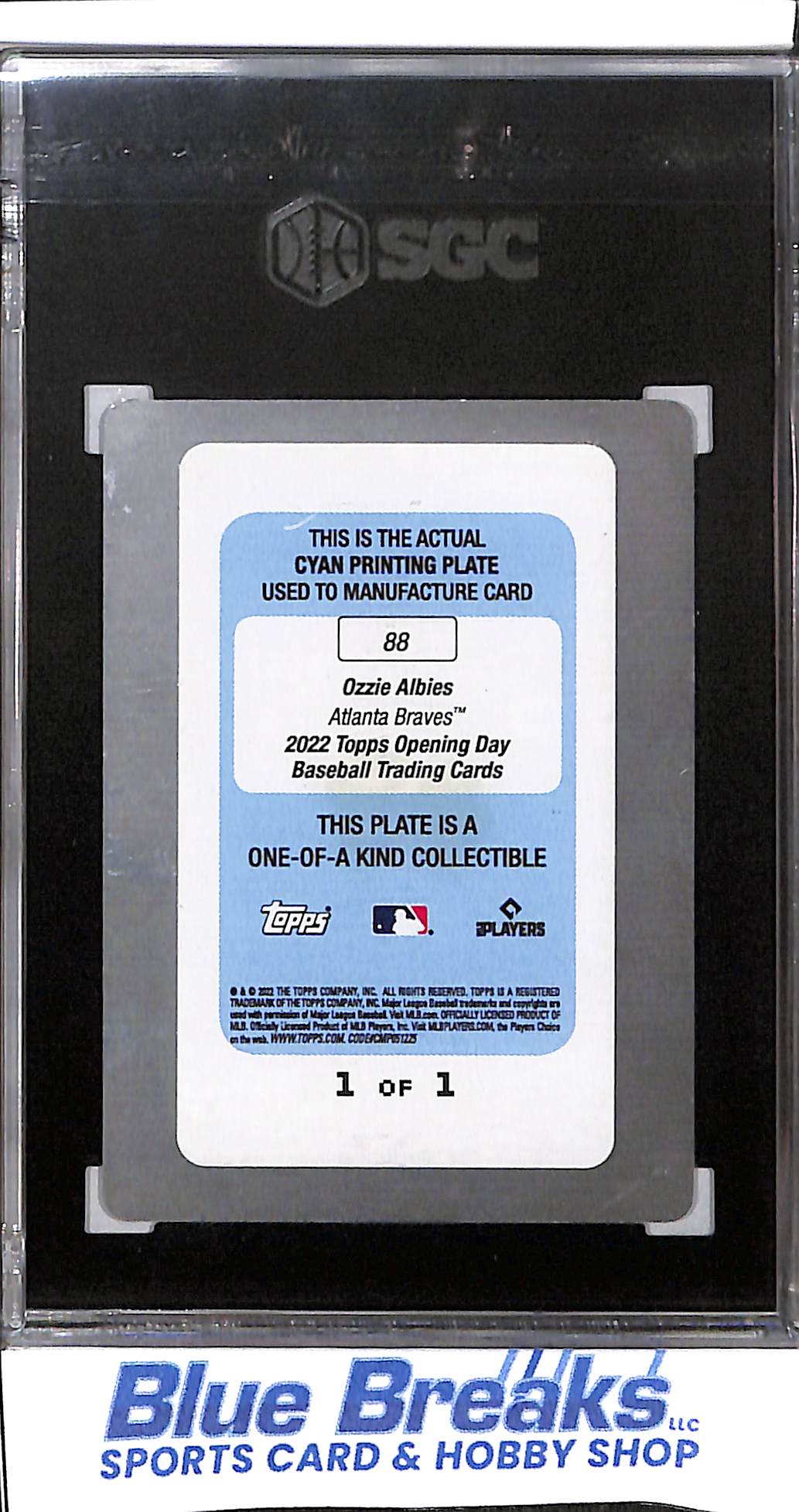 2022 Topps - Opening Day - Cyan Printing Plate - Ozzie Albies - 1/1 - #88 - SGC 9 - baseball - Braves