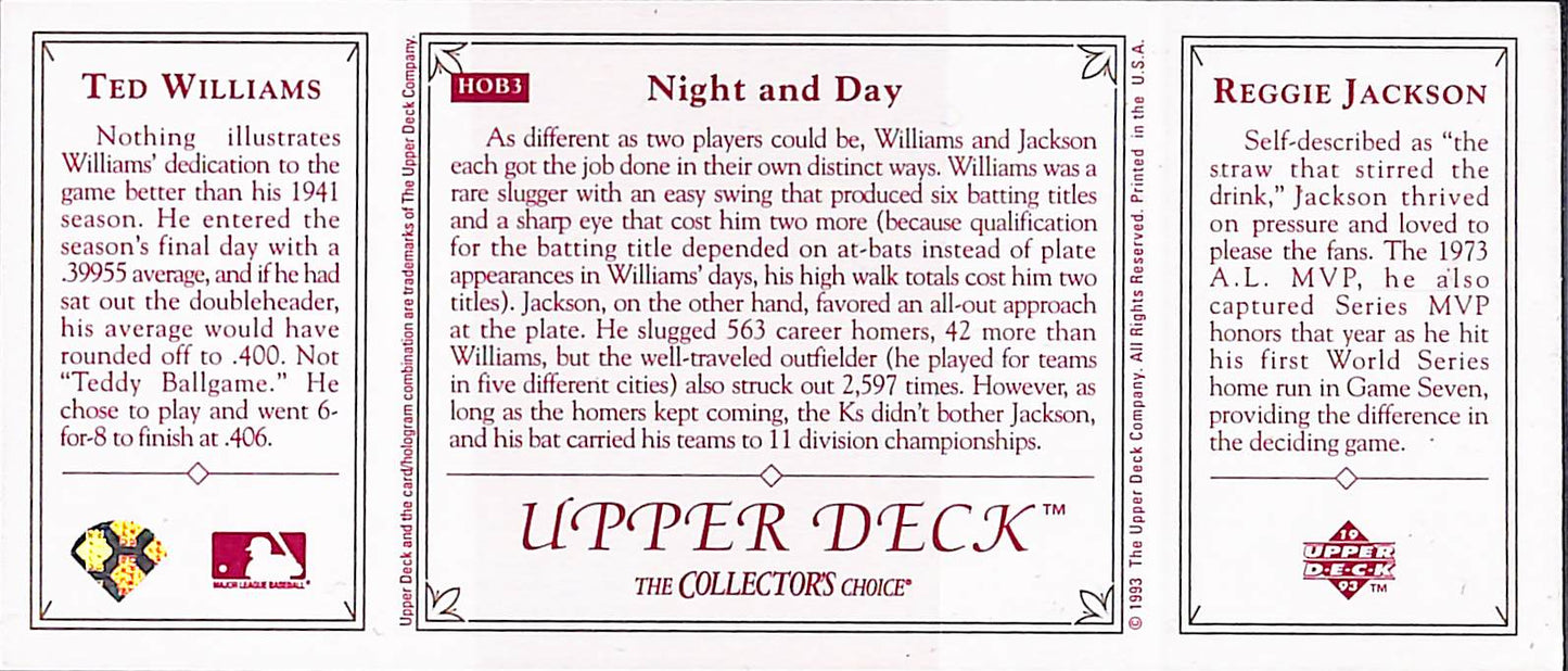 1993 Upper Deck - The Collector's Choice - Night and Day - Ted Williams - Reggie Jackson - #HOB3 - baseball - Red Sox - Athletics
