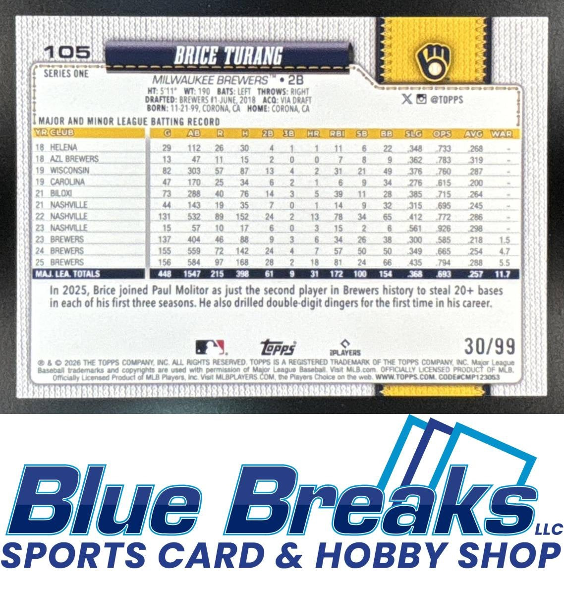 2026 Topps Series 1 Cherry Blossom Brice Turang 30 /99 #105 Milwaukee Brewers