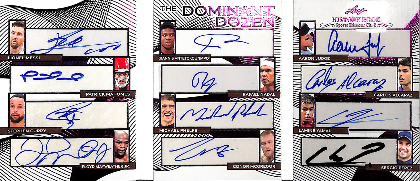 2025 Leaf - History Book - Sports - Dominant Dozen - Messi - Mahomes - Curry - Mayweather Jr - Giannis - Nadal - Phelps - McGregor - Judge - Alcaraz - Yamal - Perez - 1/3 - #DD-8 - soccer - football - basketball - tennis - UFC - baseball - Formula 1