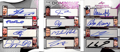 2025 Leaf - History Book - Sports - Dominant Dozen - Messi - Mahomes - Curry - Mayweather Jr - Giannis - Nadal - Phelps - McGregor - Judge - Alcaraz - Yamal - Perez - 1/3 - #DD-8 - soccer - football - basketball - tennis - UFC - baseball - Formula 1