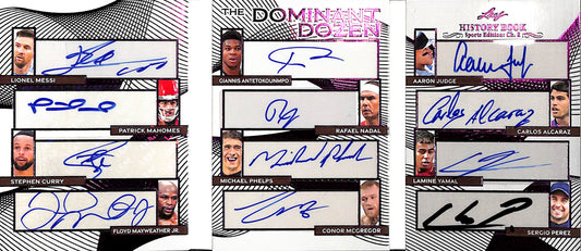 2025 Leaf - History Book - Sports - Dominant Dozen - Messi - Mahomes - Curry - Mayweather Jr - Giannis - Nadal - Phelps - McGregor - Judge - Alcaraz - Yamal - Perez - 1/3 - #DD-8 - soccer - football - basketball - tennis - UFC - baseball - Formula 1