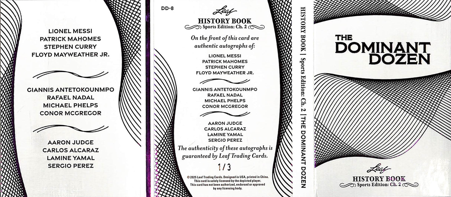 2025 Leaf - History Book - Sports - Dominant Dozen - Messi - Mahomes - Curry - Mayweather Jr - Giannis - Nadal - Phelps - McGregor - Judge - Alcaraz - Yamal - Perez - 1/3 - #DD-8 - soccer - football - basketball - tennis - UFC - baseball - Formula 1