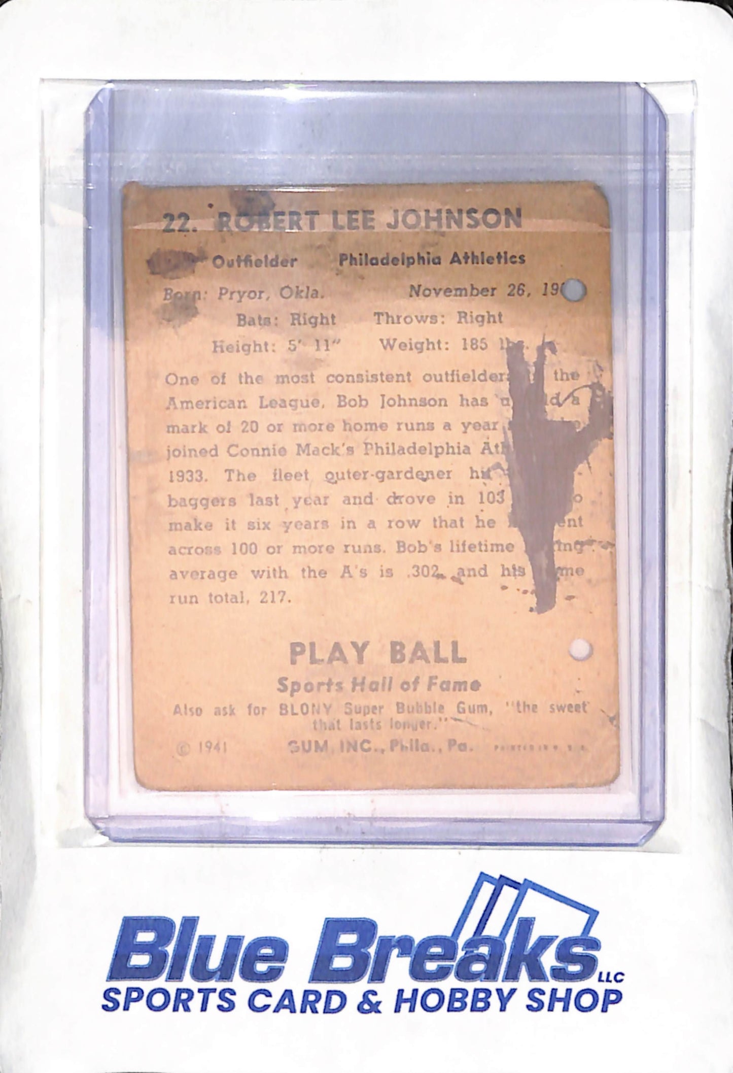 1941 Playball - "Indian Bob" Johnson - #22 - baseball - Athletics