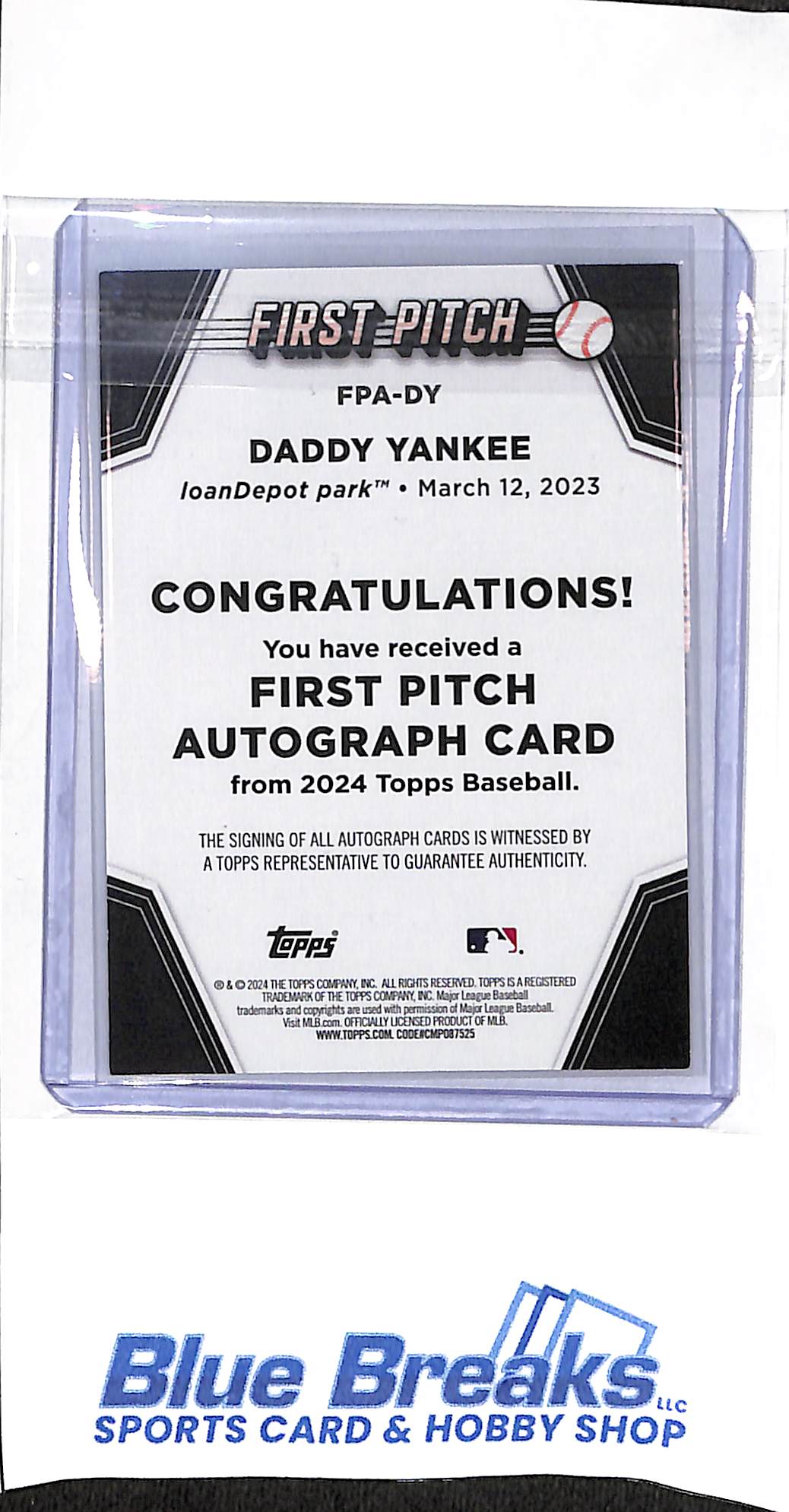 2024 Topps - First Pitch - Daddy Yankee - autograph - loanDepot Park - March 12,2023 - 1/1 - #FPA-DY - baseball - Marlins