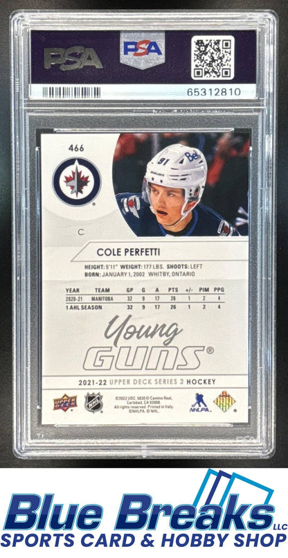 2021-22 Upper Deck Cole Perfetti [RC] #466 Young Guns RC PSA 10 Winnipeg Jets