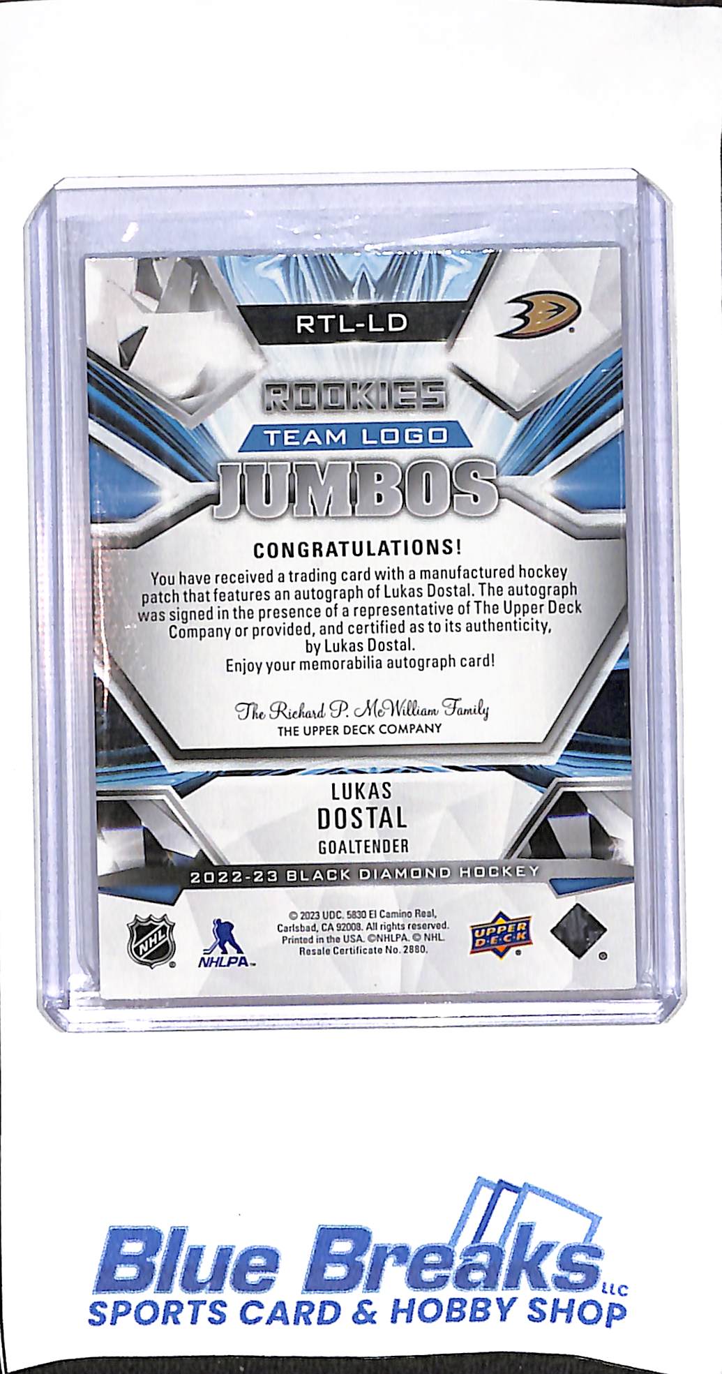 2022-23 Upper Deck - Black Diamond - Rookies Team Logo Jumbos - Lukas Dostal - auto - 30/99 - hockey - Ducks