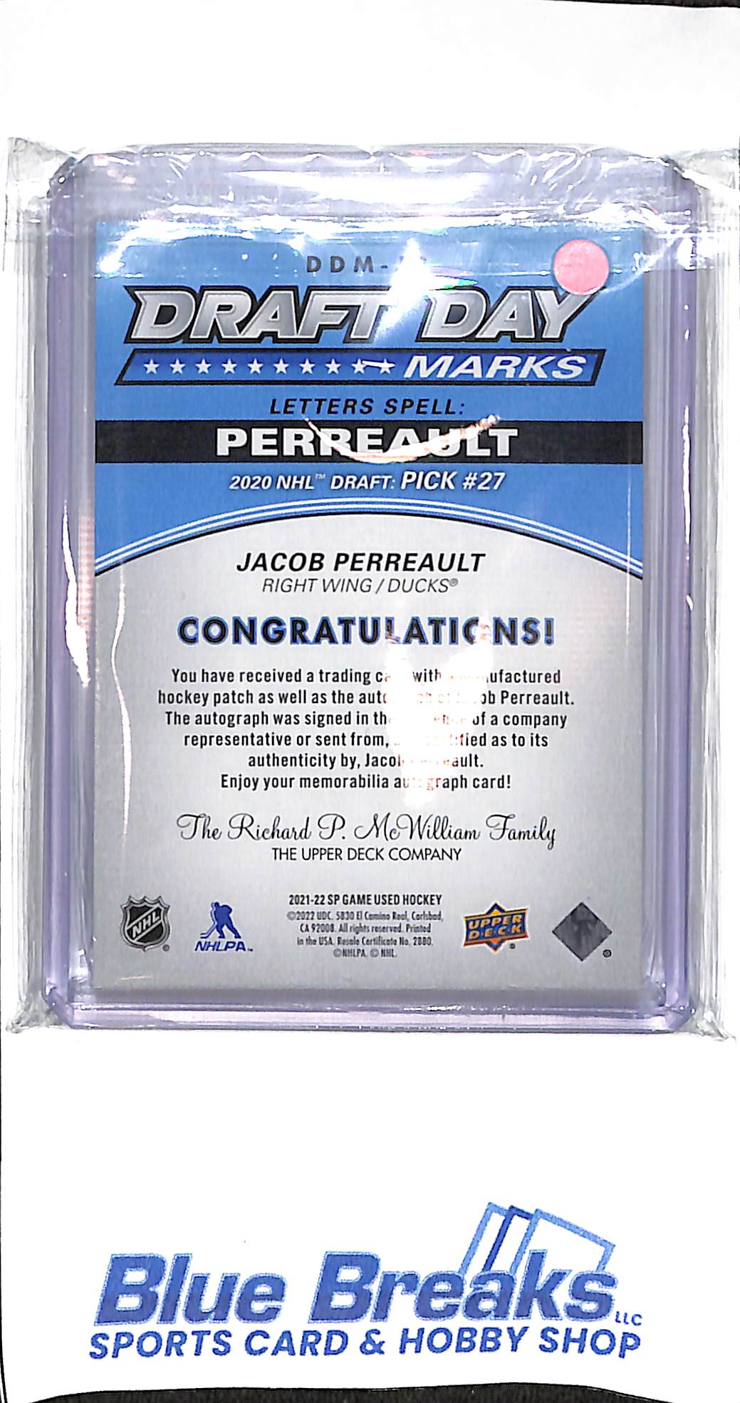 2021-22 Upper Deck - SP Game Used - Draft Day Marks - Jacob Perreault - #DDM- JP - hockey - Ducks