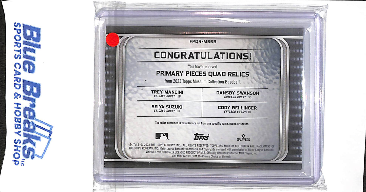 2023 Topps - Museum Collection - primary pieces quad relics - Mancini - Swanson - Suzuki - Bellinger - 38/75 - #FPQR-MSSB - baseball - Cubs