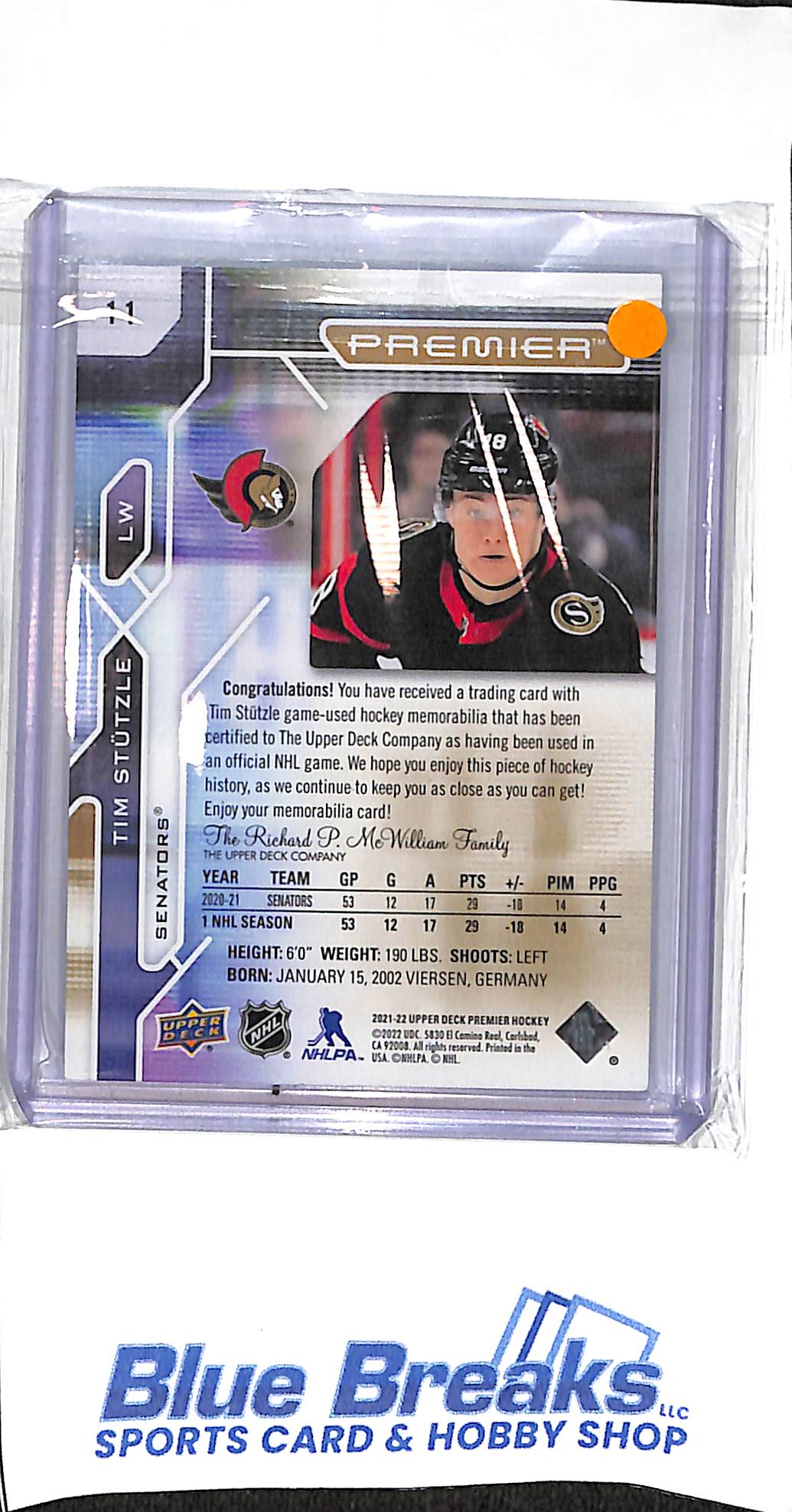 2021-22 Upper Deck Premier - Tim Stutzle - relic - 06/10 - #11 - hockey - Senators