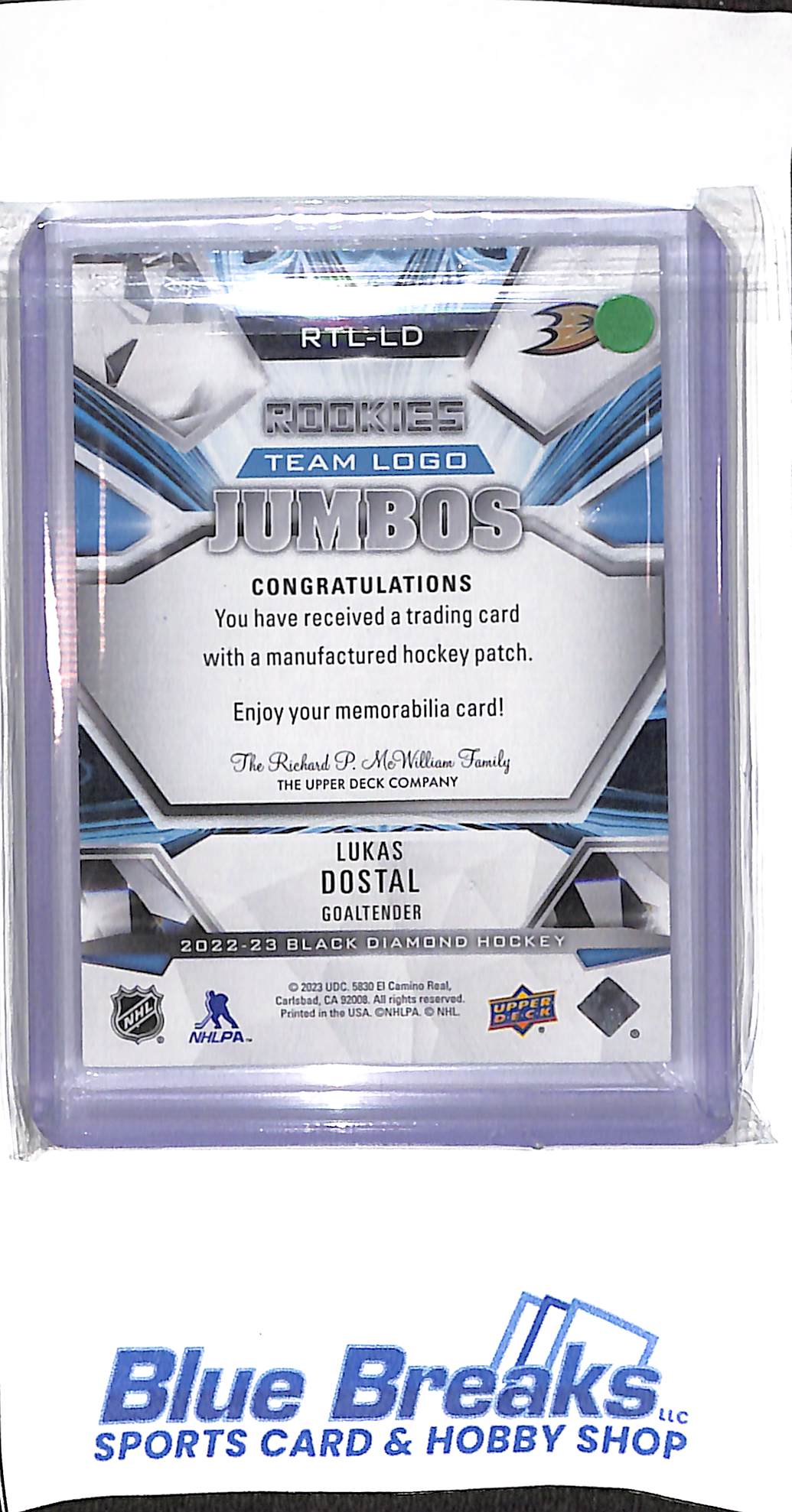 2022-23 Upper Deck - Black Diamond - Rookies Team Logo Jumbos - Lukas Dostal - #RTL-LD - hockey - Ducks