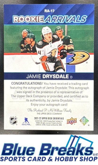 2021 Upper Deck Credentials Jamie Drysdale #RA-17 RC Arrivals Auto