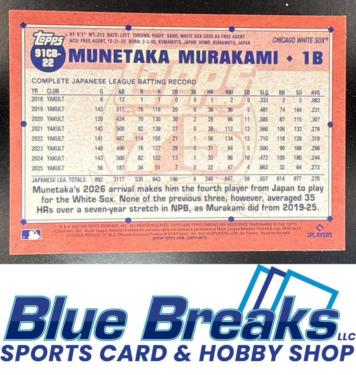 2026 Topps Chrome 1991 Munetaka Murakami [RC] #91CB-22 RC Chicago White Sox
