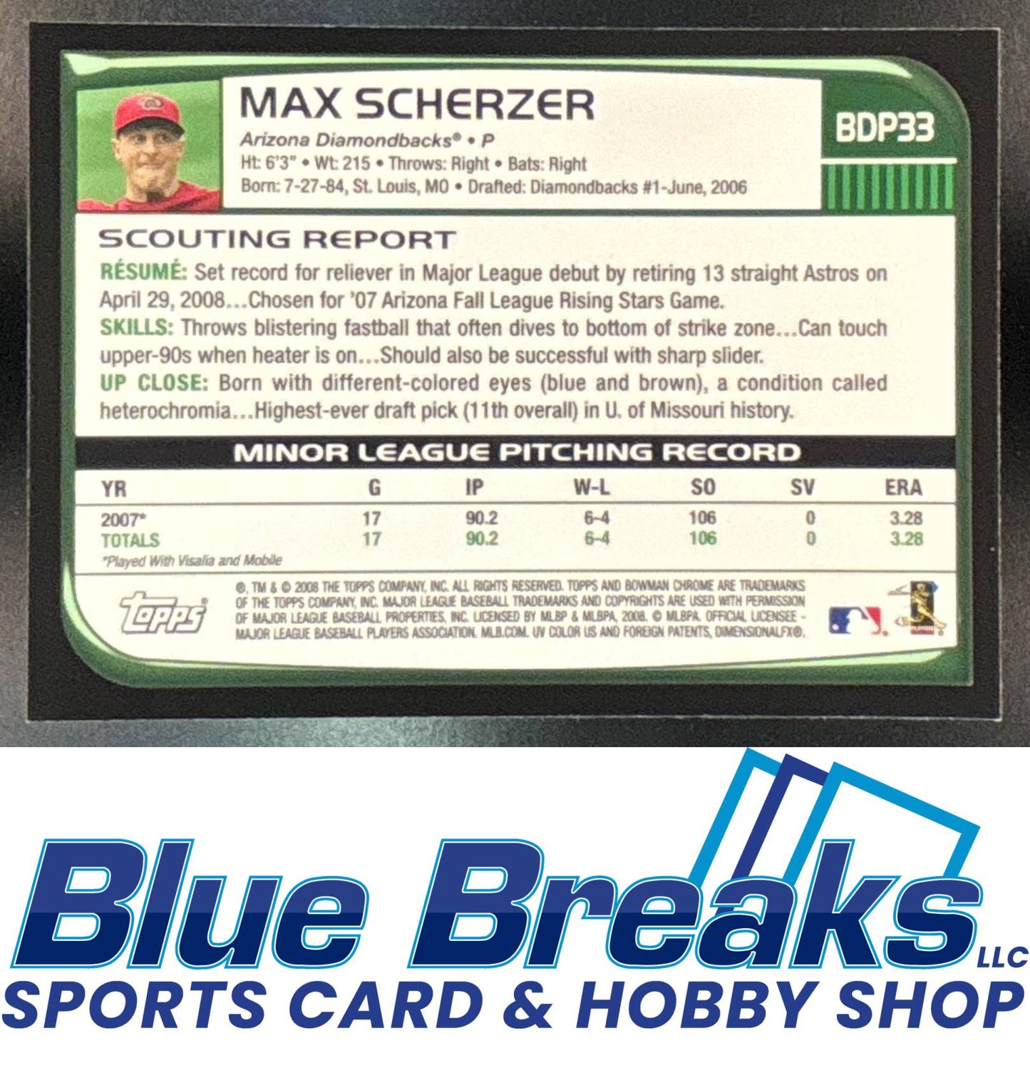 2008 Bowman Draft Picks & Prospects Max Scherzer #BDP33 RC Arizona Diamondbacks
