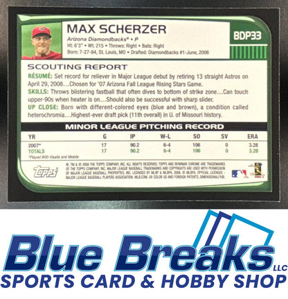 2008 Bowman Draft Picks & Prospects Max Scherzer #BDP33 RC Arizona Diamondbacks