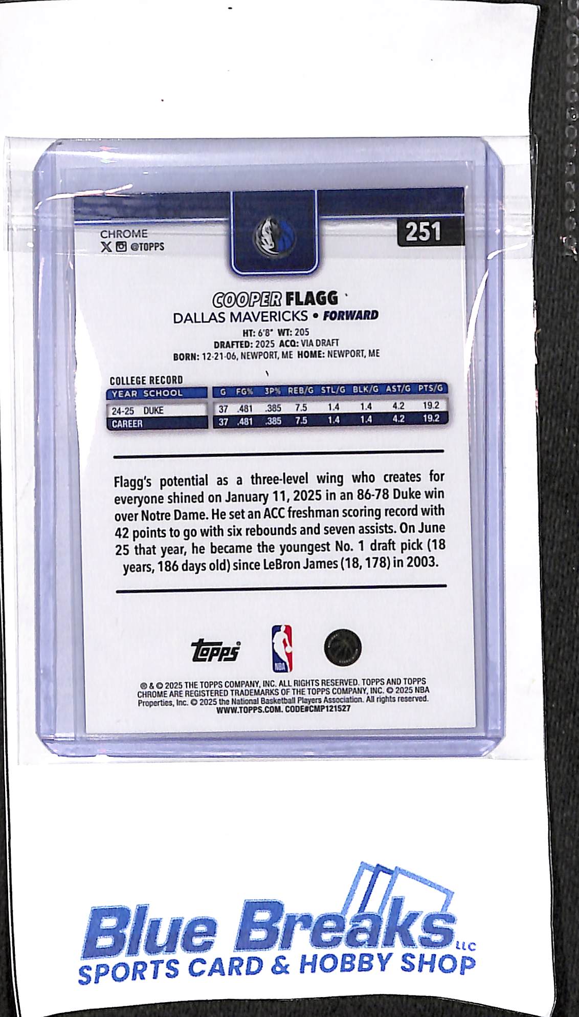 2025 Topps Chrome - red white & blue - Cooper Flagg - RC - #251 - basketball - Mavericks