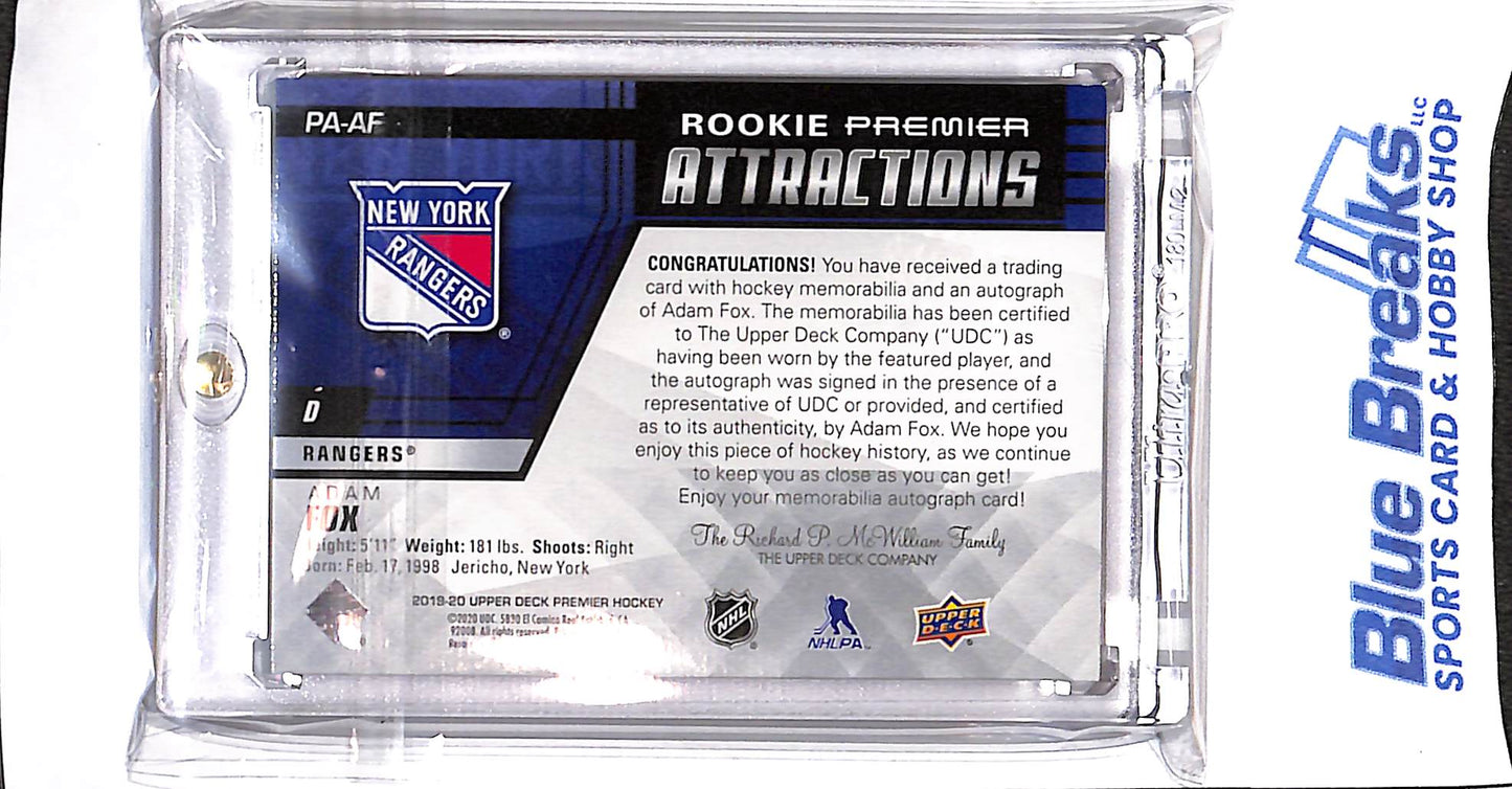 2019-20 Upper Deck - Premier - Rookie Premier Attractions - Adam Fox - auto patch - 81/99 - #PA-AF - hockey - Rangers